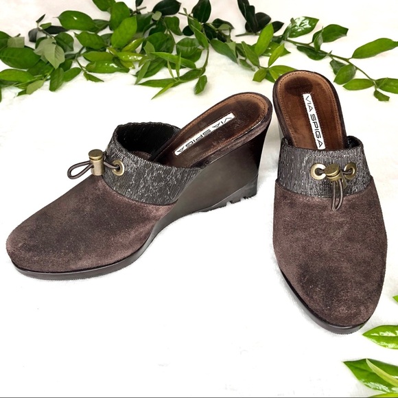 Via Spiga Suede Wedge Heel Mules Brown 7 M - Picture 9 of 9
